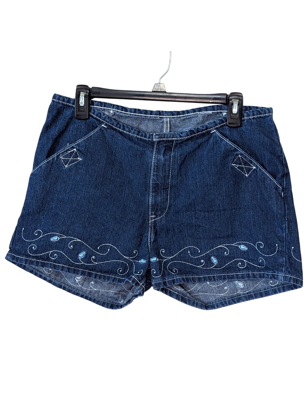 Jordache Vintage Blue Embroidered Hem Flat Front Denim Jean Shorts Size Approx